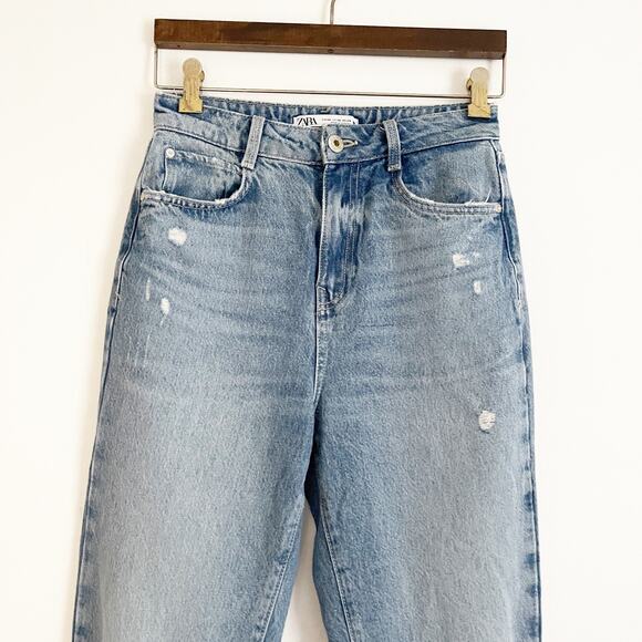 ZARA High Rise Distressed Rigid Straight Leg Jeans 2 - Picture 4 of 10